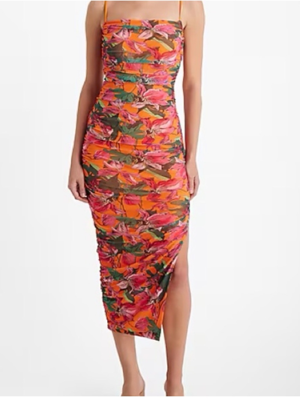 Express Body Contour Mesh Ruched Midi Dress
